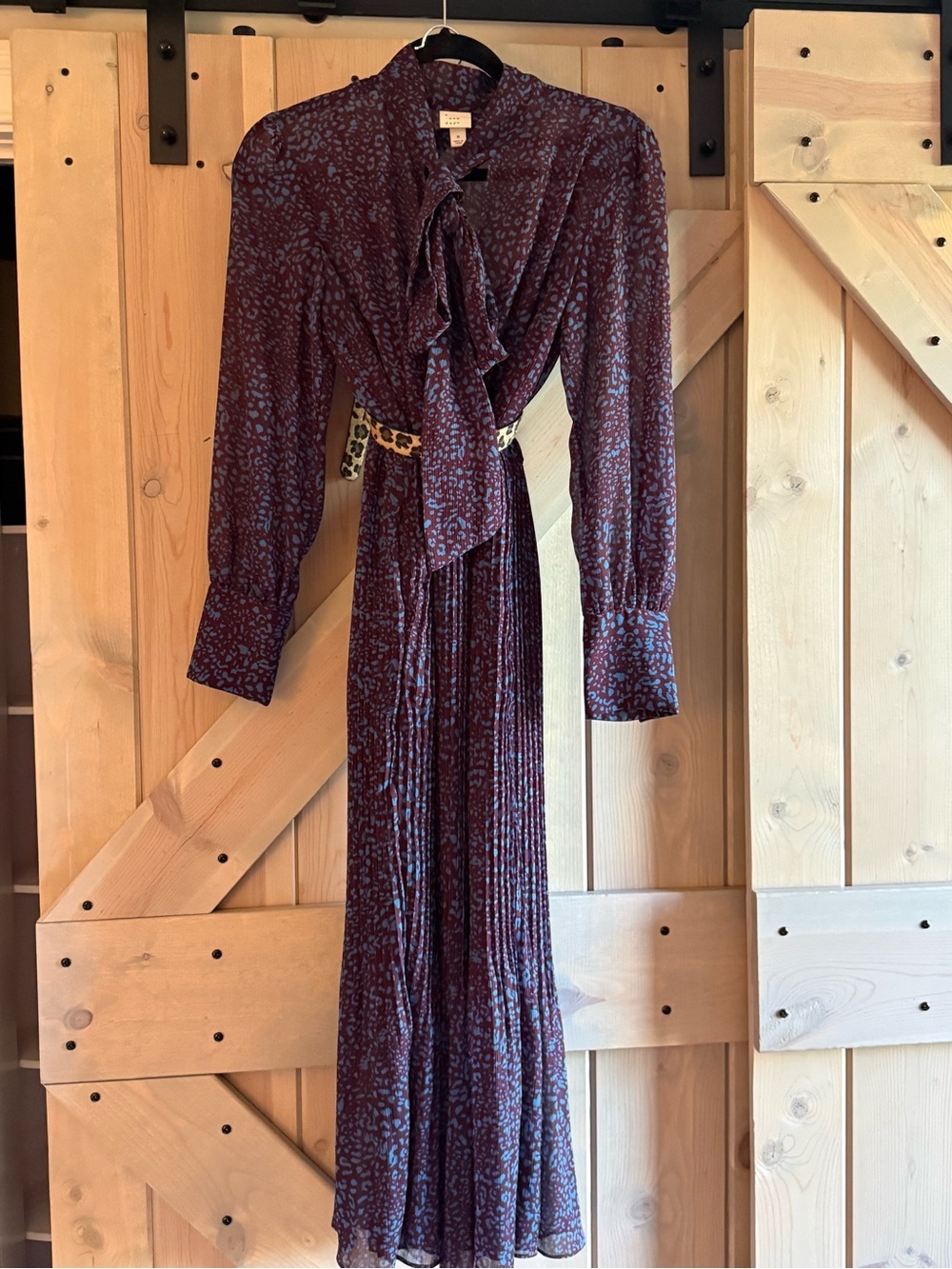 A New Day Burgundy Leopard Tie-Neck Midi Dress